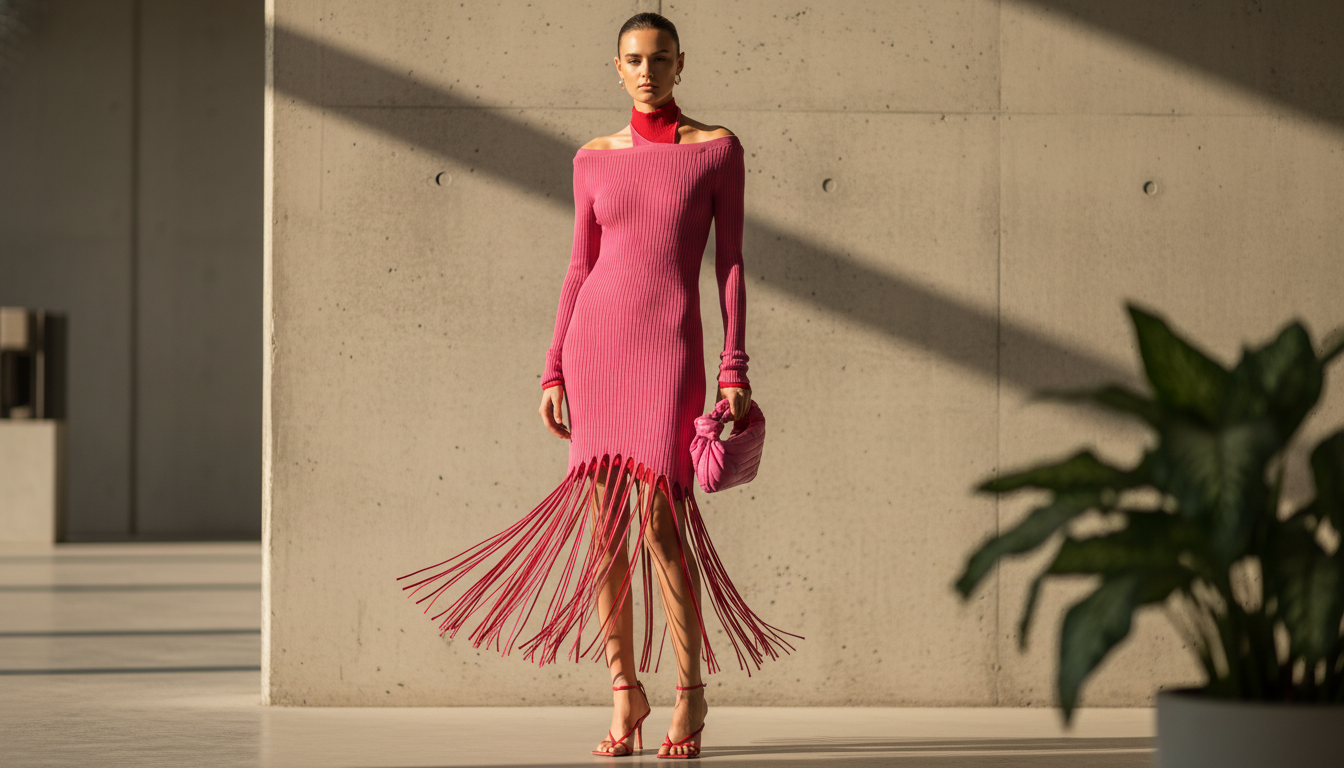 Bottega Veneta Pink-Red Fringe Knit Maxi Dress Guide